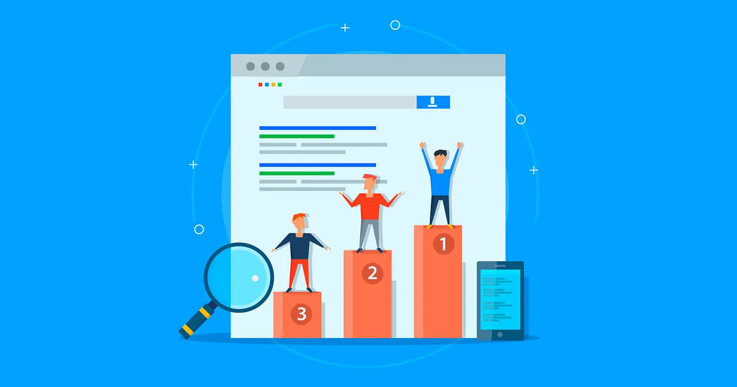 A digital illustration on a bright blue background showing a simplified web browser window with search results, a magnifying glass examining the results, a bar chart representing website ranking with three figures standing on the bars (labeled 1, 2, and 3), and a smartphone displaying a mobile version of a webpage.